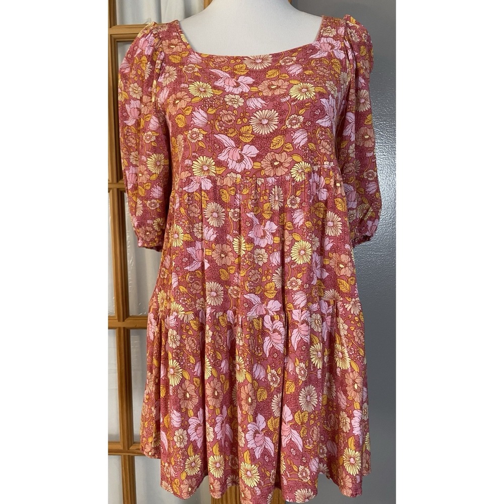 Babydoll Tiered Floral Mini Dress Sz M Orange Yellow Balloon Sleeve Beach Boho - Picture 3 of 13